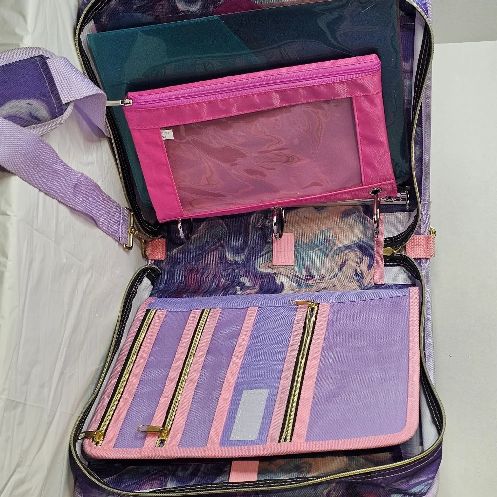 Purple Marble Waterproof Zipper 3 Ring Binder with Shoulder Strap